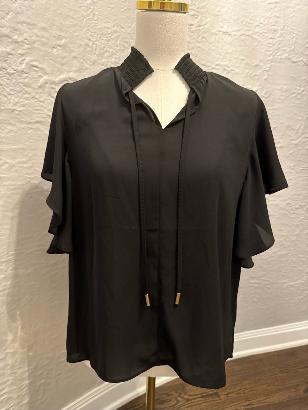 J. Crew Black Tie-Neck Flutter Sleeve Blouse